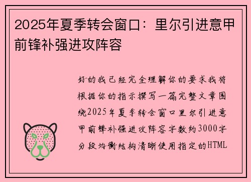 2025年夏季转会窗口：里尔引进意甲前锋补强进攻阵容